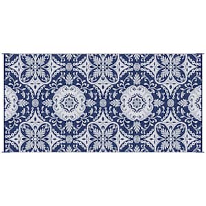 9' x 18' Reversible Outdoor Rug Carpet, Waterproof Plastic Straw Rug, Portable RV Camping Rugs in Blue & White Floral