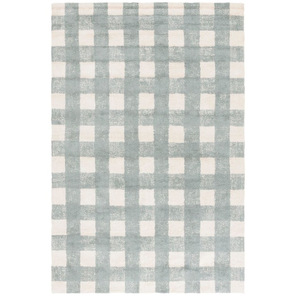 Easy Care 6 ft. x 9 ft. Ivory/Teal Solid Lattice Grid Area Rug