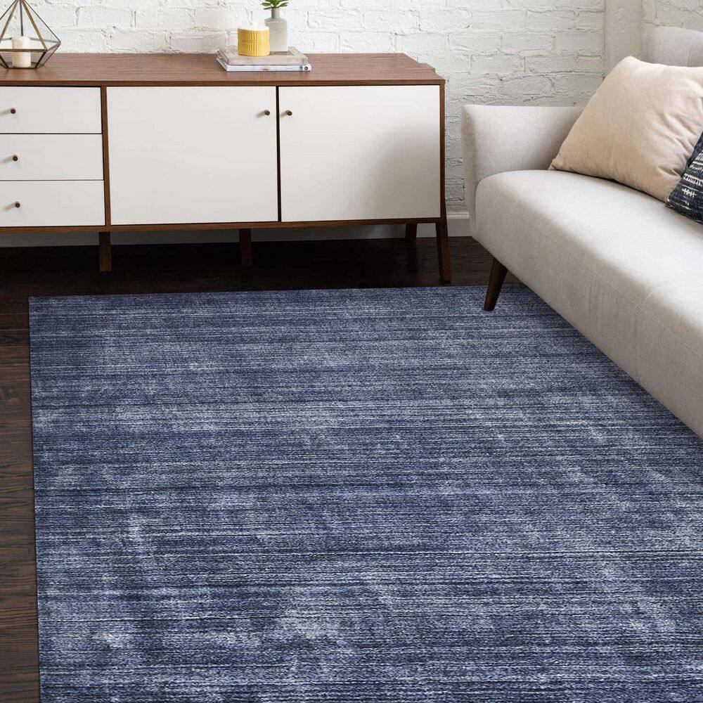 Hand-Knotted Denim Blue Wool Stripe Runner Rug