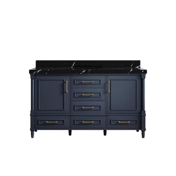 Willow Collections Hudson 60 in. W x 22 in. D x 36 in. H Single Sink Bath Vanity in Navy Blue with 2 in. Calacatta Black Top