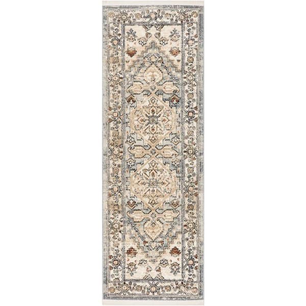 Pardis Blue Taupe 2 ft. x 6 ft. Center medallion Traditional Runner Area Rug