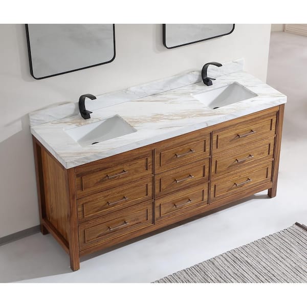 Luxury Ebony Series 72 in. 1 Freestanding Light Brown Finish Bath Vanity with 2 in. White Natural Marble Top Assembled