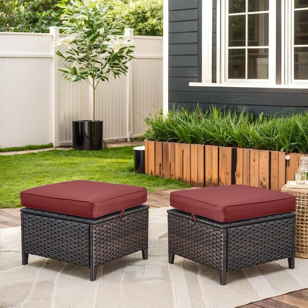 Curved Arm Brown Wicker Outdoor Ottoman with Olefin Red Cushions Patio/ Porch (2-Pack)