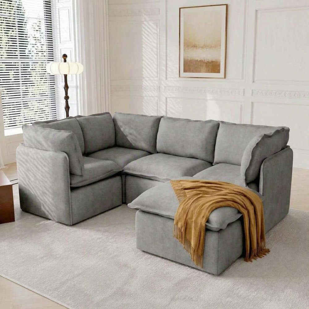 Modern Steel 95.7 in. 5-Piece Polyester Modular Sectional Sofa w/ Washable Cover, Ottoman, Portable for Rentals in Gray
