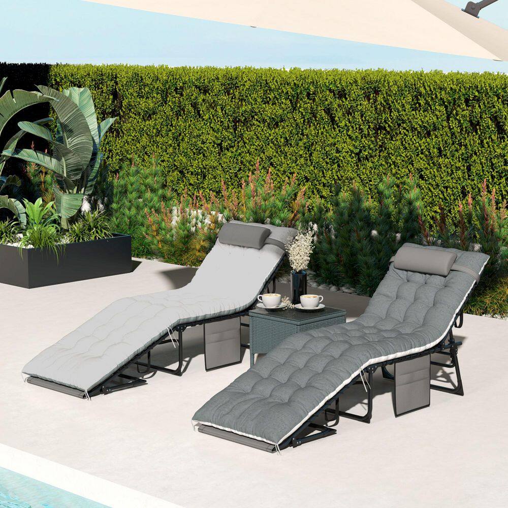 Gray and White Cushioned Folding Outdoor Chaise Lounge Set