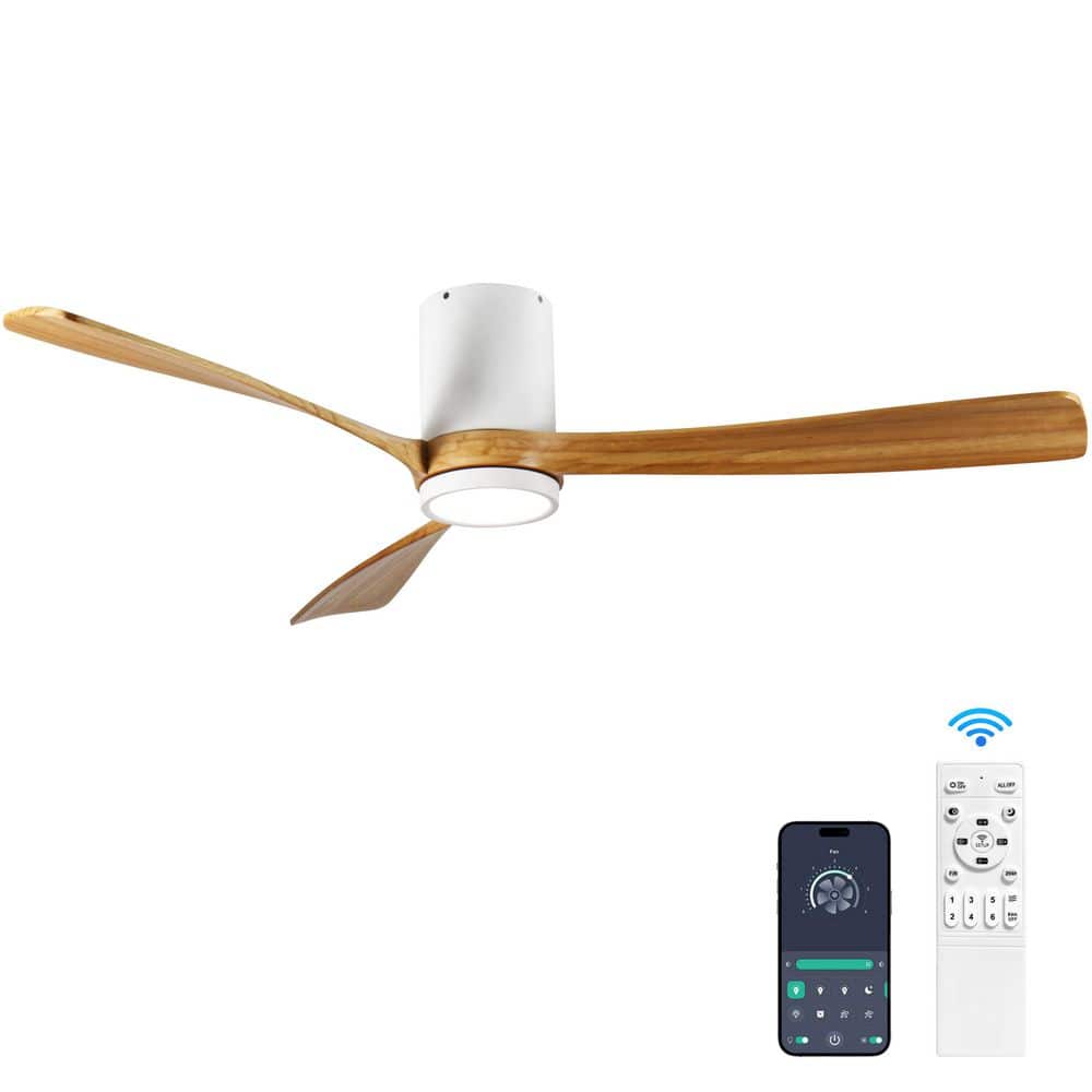 60 in. Modern White Indoor Solid Wood Brown Blades Flush Mount Ceiling Fan with Dimmable LED Light and APP Control price history on PriceWatchPro