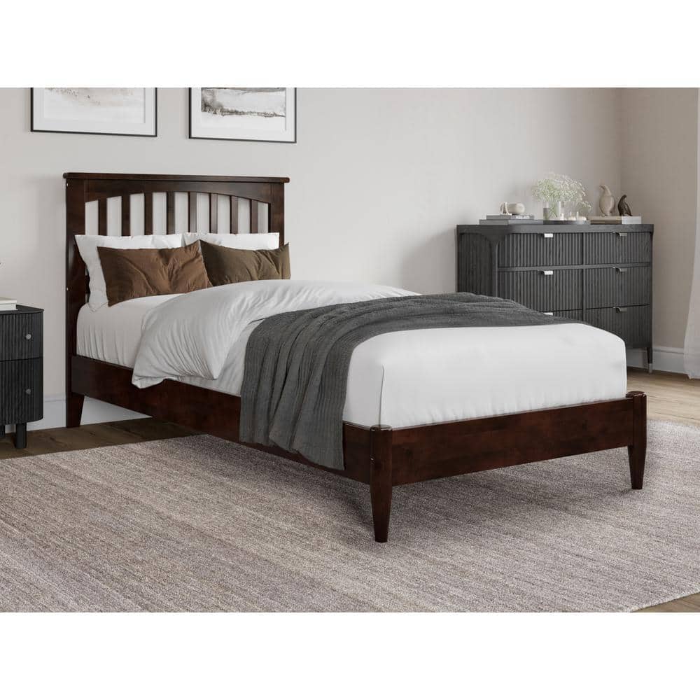 Becket Twin XL Walnut Wood Low Profile Platform Bed with Headboard
