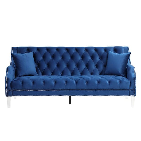 Morden Fort Home Decorator's Collection 78 in. W Slope Arm Dutch Velvet 3-Seater Straight Sofa with Acrylic Couch Legs in Blue