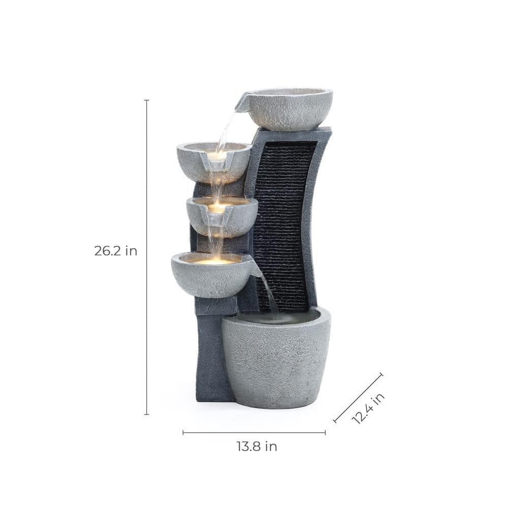 LuxenHome 26" Gray Resin 5-Bowl Outdoor Fountain with Lights