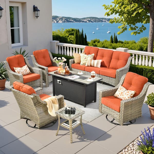 Eureka 7-Piece Wicker Patio Conversation Sofa Swivel Chair Set with Metal Fire Pit Table and Orange Red Cushions