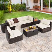 8-Piece Patio Rattan Furniture Set Fire Pit Table Tank Holder Cover Deck Off White