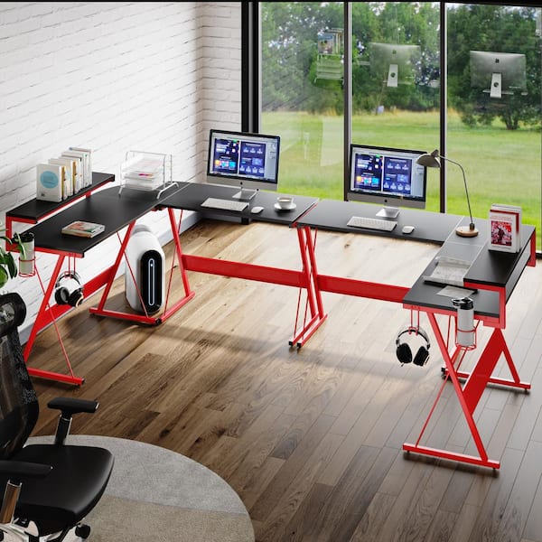 Office Gaming Desk for Multiple Monitors, Black/Red