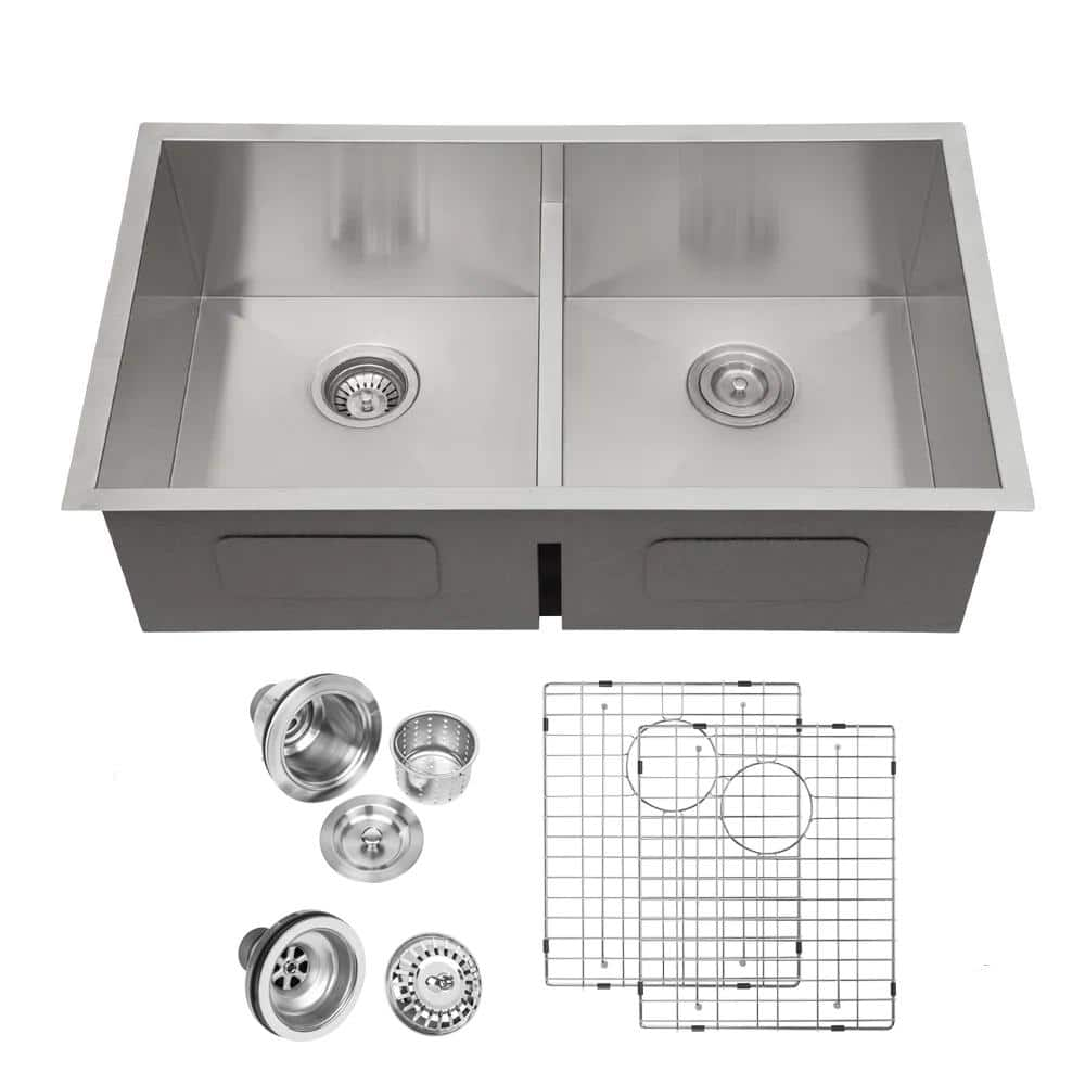 34 L x 21 W 70/30 Double Bowl Undermount Kitchen Sink Low Divider with  Grid