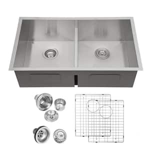 Stainless Steel 16 Gauge 30 in. x 19 in. x 10 in. Double Bowl Undermount Kitchen Sink with Bottom Grid