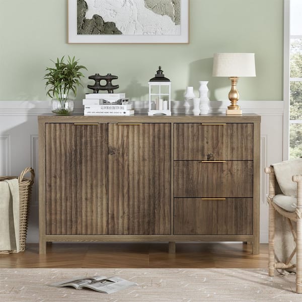 47 in. Brown Sideboard Buffet Cabinet, Wood Entryway Cabinet With 2 Doors, 3 Drawers, And Adjustable Shelves for Kitchen