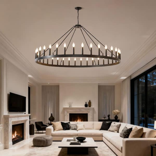 BeamBox 60 in. Black 36-Light Wagon Wheel Chandelier Adjustable