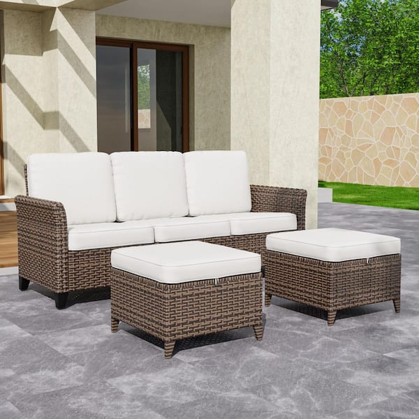 Brown Rattan Wicker 3-piece Outdoor Patio Conversation Set with Cushions, Patio Couch Chairs with Ottomans