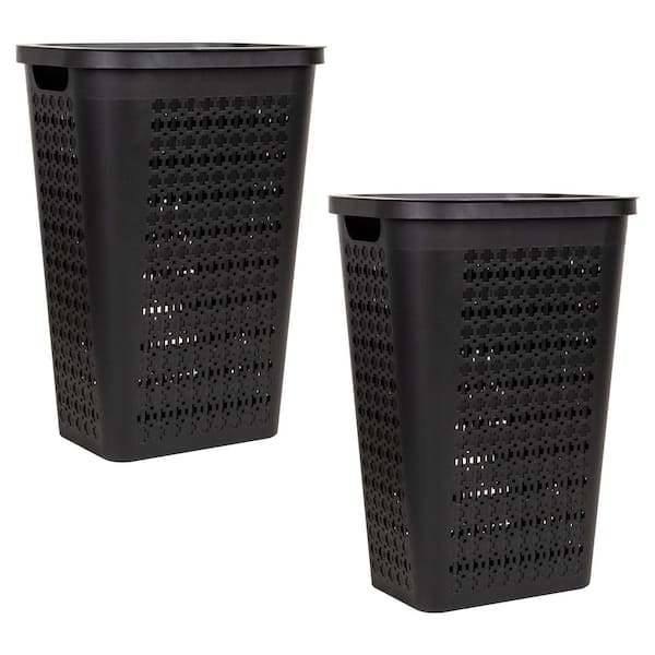 Black 23in. H x 12. 75in. W x 16. 75in. L Plastic Modern Rectangle Laundry Room Hamper with Swiss Cross Cut-Outs, 2-Pack