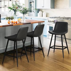35 in. Black 24 in. Low Back Metal Frame Cushioned Counter Height Bar Stool with Faux Leather Seat (Set of 3)