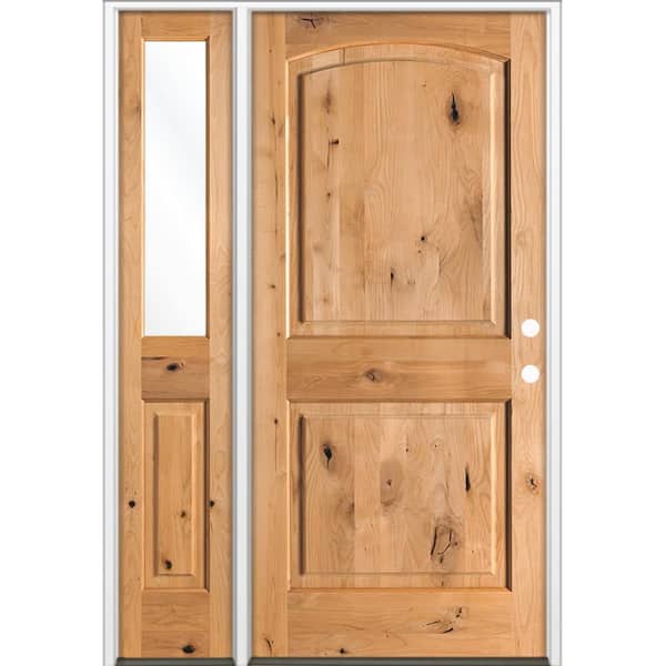 Krosswood Doors 50 in. x 80 in. Knotty Alder 2-Panel Arch-Top Left-Hand/Inswing Clear Glass Cedar Stain Wood Prehung Front Door LHSL