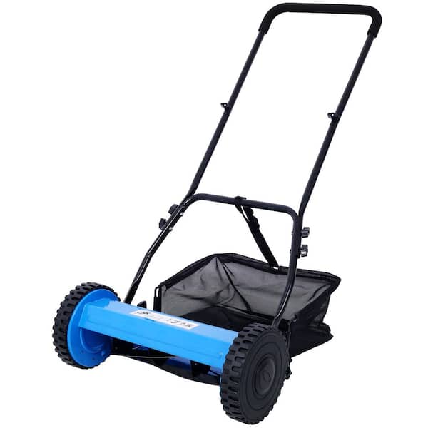 Manual Floor Sweeper 14-Inch 5-Blade Push Reel Lawn Mower Sweeper with Grass Catcher, BLUE COLOR
