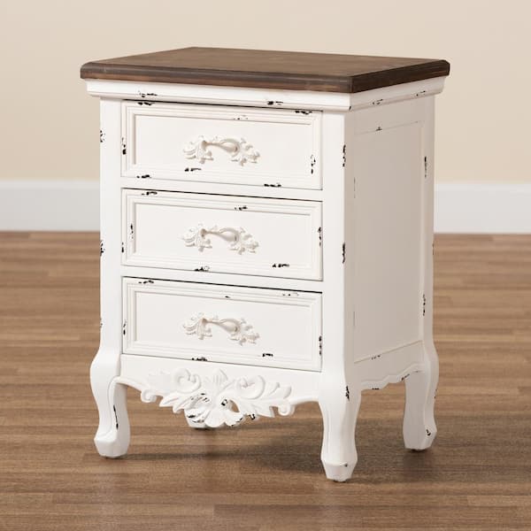 Baxton Studio Levron 3-Drawer Walnut Brown and Antique white Nightstand (23.62 in. H x 18.11 in. W x 13.39 in. D)