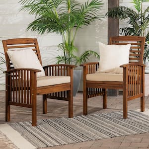 2-Piece Dark Brown Acacia Wood Outdoor Lounge Chair with Beige Cushions