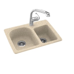 Drop-In/Undermount Solid Surface 25 in. 1-Hole 60/40 Double Bowl Kitchen Sink in Bermuda Sand