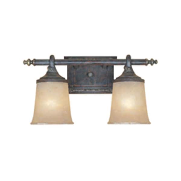 Designers Fountain 17.5 in. Austin 2-Light Weathered Saddle Rustic Bathroom Vanity Light with Satin Crepe Glass Shades