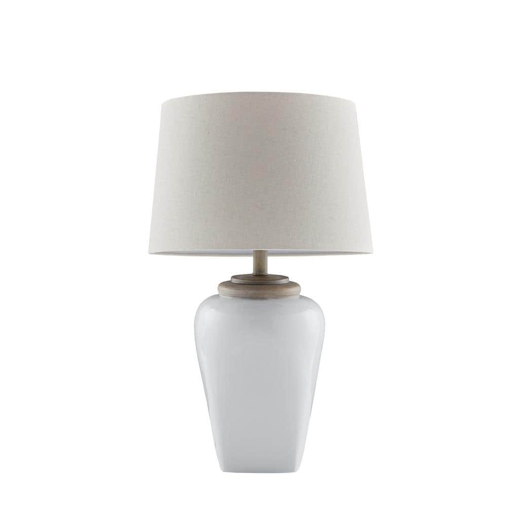 White Ceramic Table Lamp with Light Wood Accents and Empire Shade