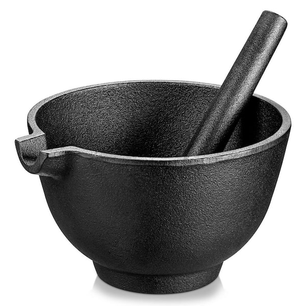 Cast Iron Black Mortar and Pestle Set Non-Porous Spice Grinder Smasher for Kitchen Herbs Pesto Mixing