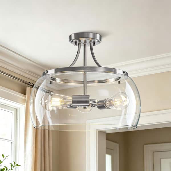 16 in. 3-Light Modern Drum Brushed Nickel Semi-Flush Mount Ceiling Light with Clear Glass Shade for Bedroom,Hallway