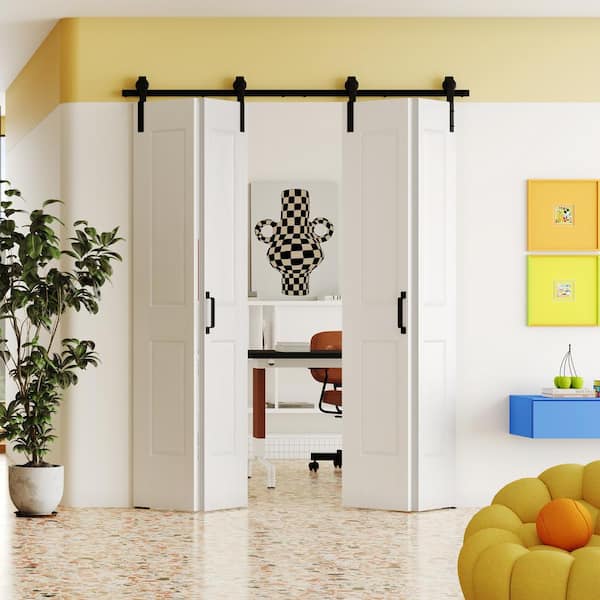 60 in. x 84 in. White Painted, MDF, 4 Panel Pre-assembled Panel Bi-Fold Style Sliding Barn Door with Hardware Kit
