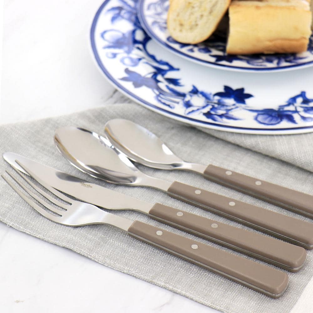 16-Piece Stainless Steel Flatware Set with Taupe Handles