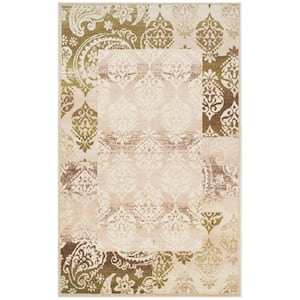 8 ft. x 10 ft. Beige Damask Power Loom Distressed Stain Resistant Area Rug