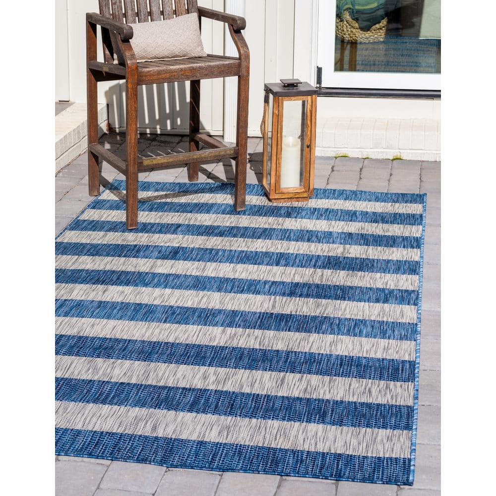 Blue and White Striped Outdoor Synthetic Rug, 9' x 12'