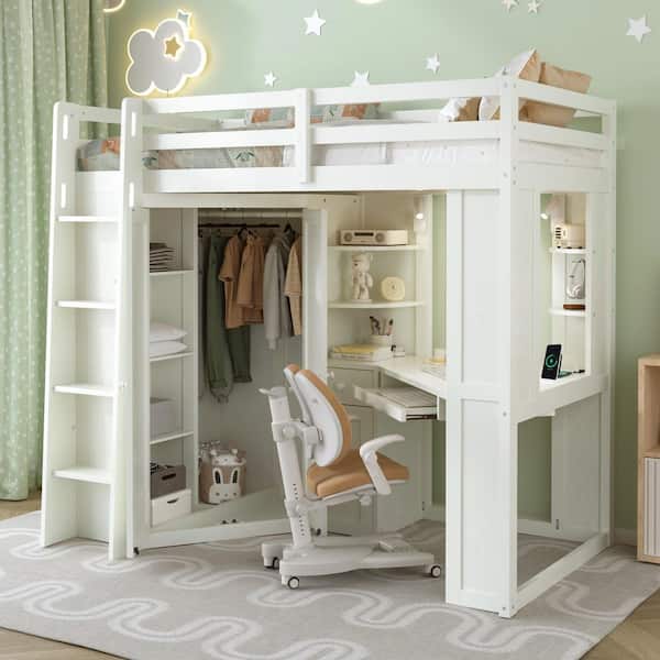 Beige White Twin Size Wood Loft Bed with Large Wardrobe, Desk, Keyboard Tray, Charging Station and Dual Metal Spotlight