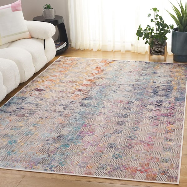 Rainbow Blue/Gold 7 ft. x 7 ft. Distressed Geometric Square Indoor/Outdoor Area Rug