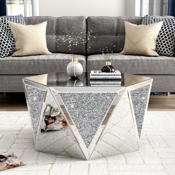 Silver 31.5 in. W x 15.75 in. H Hexagonal Glass Coffee Table with Mirrored Top