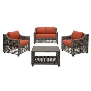Briar Ridge 4-Piece Brown Wicker Outdoor Patio Conversation Deep Seating Set with CushionGuard Quarry Red Cushions