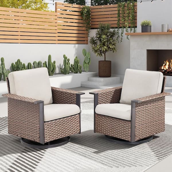 2-Person Wicker Outdoor Glider with Swivel Rocking, Patio Chair Set with Beige Cushion