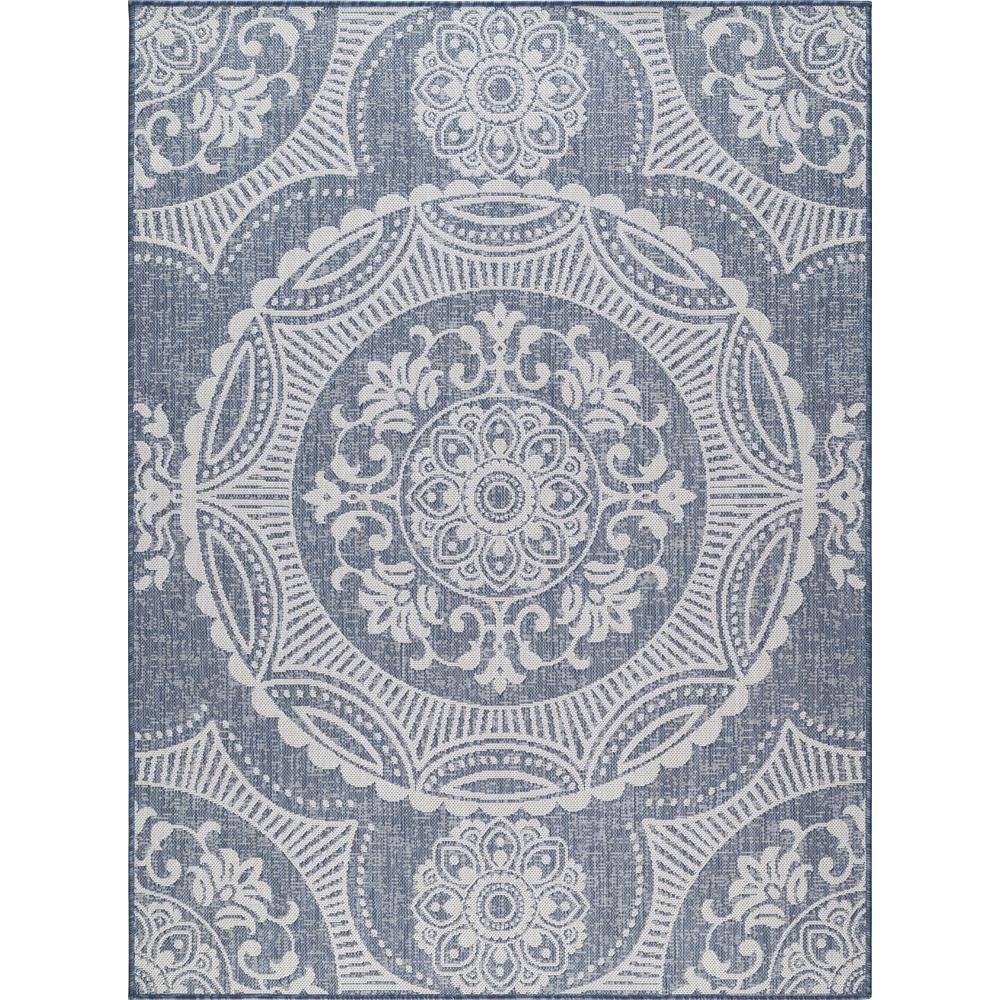 Beverly Rug Waikiki Blue/White 4 ft. x 6 ft. Medallion Indoor/Outdoor Area Rug Beverly Rug indoor outdoor rugs are available in various sizes; 4 ft. x 6 ft. area rug (3 ft. 11 in. x 5 ft. 11 in.), area rug 5 ft. x 7 ft. (5 ft. 3 in. x 7 ft.), 6 ft. x 9 ft. area rugs (6 ft. 7 in. x 9 ft.), large area rug 8 ft. x 10 ft. (7 ft. 10 in. x 10 ft.) and 6 ft. 7 in. circle rug. You can use our non shedding rugs wherever needed; either indoors such as living room, dining room, laundry room, bedroom, hallway, children playroom, or outdoors such as deck, patio, pool side, picnic, beach, garage, or guest lounges. These fade resistant indoor rugs has UV protection and offer environment protection with their eco-friendly and breathable material. The vibrant colors will not fade in the sun. Ideal for high traffic areas. With natural color options of beige, blue, grey and dark grey, this beautiful medallion area rug is perfect fit for your vintage decor. Color: Blue/White.