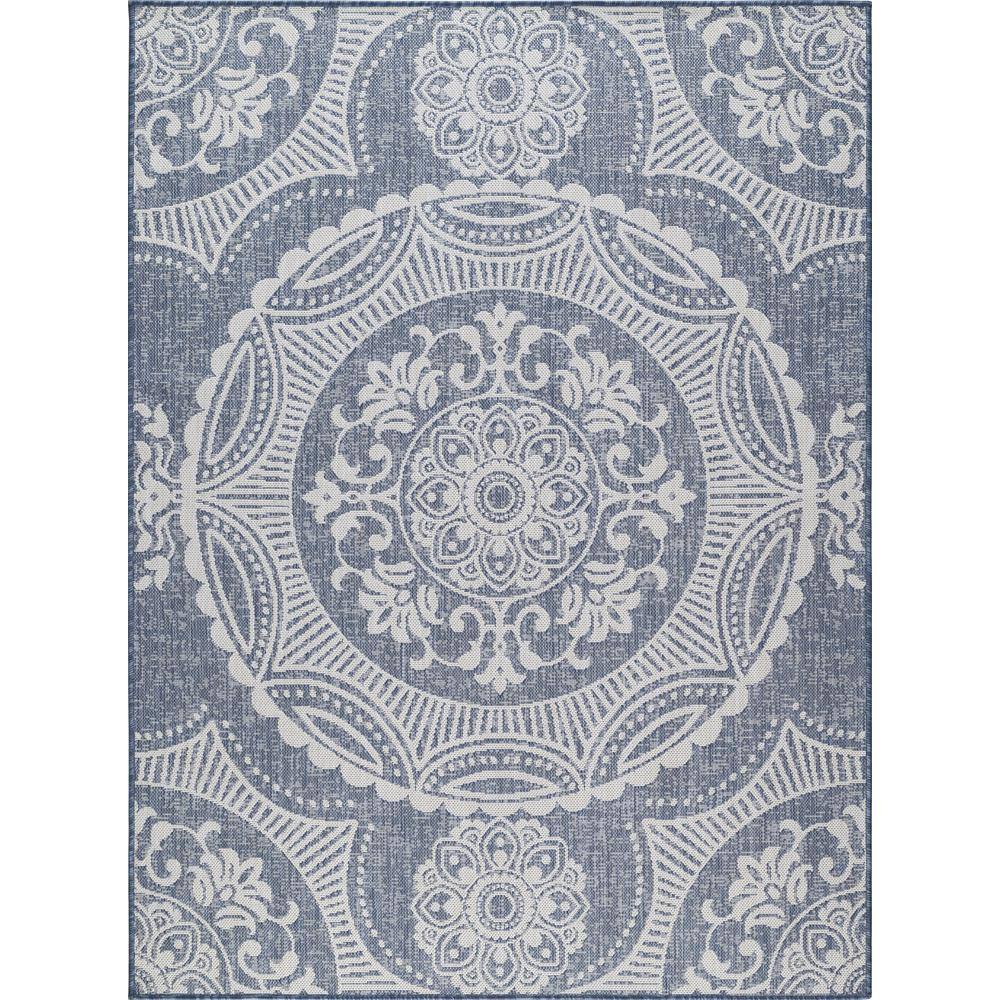 Beverly Rug Waikiki Blue/White 5 ft. x 7 ft. Medallion Indoor/Outdoor Area Rug Beverly Rug indoor outdoor rugs are available in various sizes; 4 ft. x 6 ft. area rug (3 ft. 11 in. x 5 ft. 11 in.), area rug 5 ft. x 7 ft. (5 ft. 3 in. x 7 ft.), 6 ft. x 9 ft. area rugs (6 ft. 7 in. x 9 ft.), large area rug 8 ft. x 10 ft. (7 ft. 10 in. x 10 ft.) and 6 ft. 7 in. circle rug. You can use our non shedding rugs wherever needed; either indoors such as living room, dining room, laundry room, bedroom, hallway, children playroom, or outdoors such as deck, patio, pool side, picnic, beach, garage, or guest lounges. These fade resistant indoor rugs has UV protection and offer environment protection with their eco-friendly and breathable material. The vibrant colors will not fade in the sun. Ideal for high traffic areas. With natural color options of beige, blue, grey and dark grey, this beautiful medallion area rug is perfect fit for your vintage decor. Color: Blue/White.