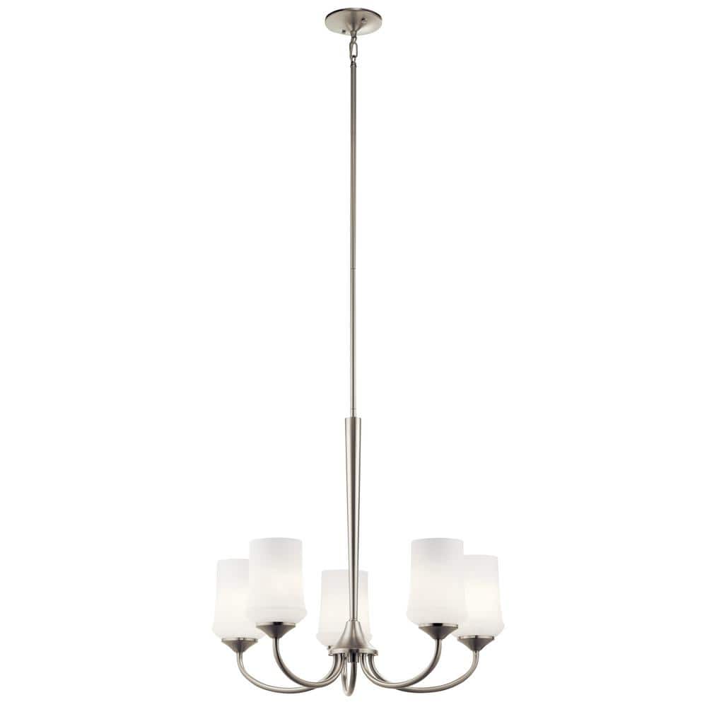 KICHLER Aubrey 5-Light Brushed Nickel Transitional Dining Room Chandelier  with White Etched Glass Shade 43665NI