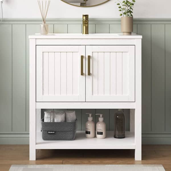 Magi 31 in. Single Sink Bath Vanity in White with White Engineered Solid Surface Top, Open Shelf and Cabinet Unassembled