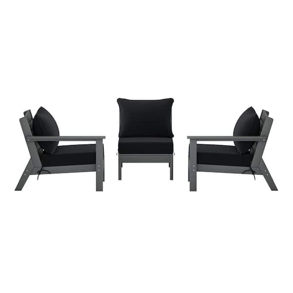 WESTIN OUTDOOR Birchwood Gray Arrangeable 3-Piece HDPE Deep Seating Outdoor Patio Conversation Sofa Arm Chair Set w/ Black Cushions