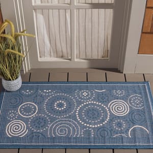 Courtyard Blue/Natural Doormat 2 ft. x 4 ft. Border Indoor/Outdoor Patio Area Rug