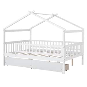 White Full Size Wood House Bed with 2-Drawers and Fence Guardrails
