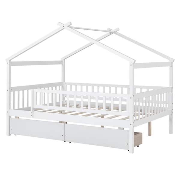 Harper & Bright Designs White Full Size Wood House Bed with 2-Drawers ...