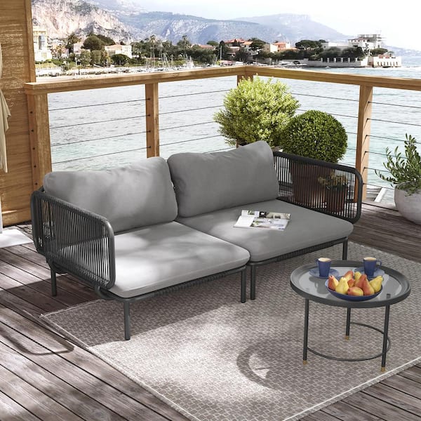 Pellebant 2-Piece Metal Outdoor Sectional Sofa with Dark Gray Cushions 4-Armrest